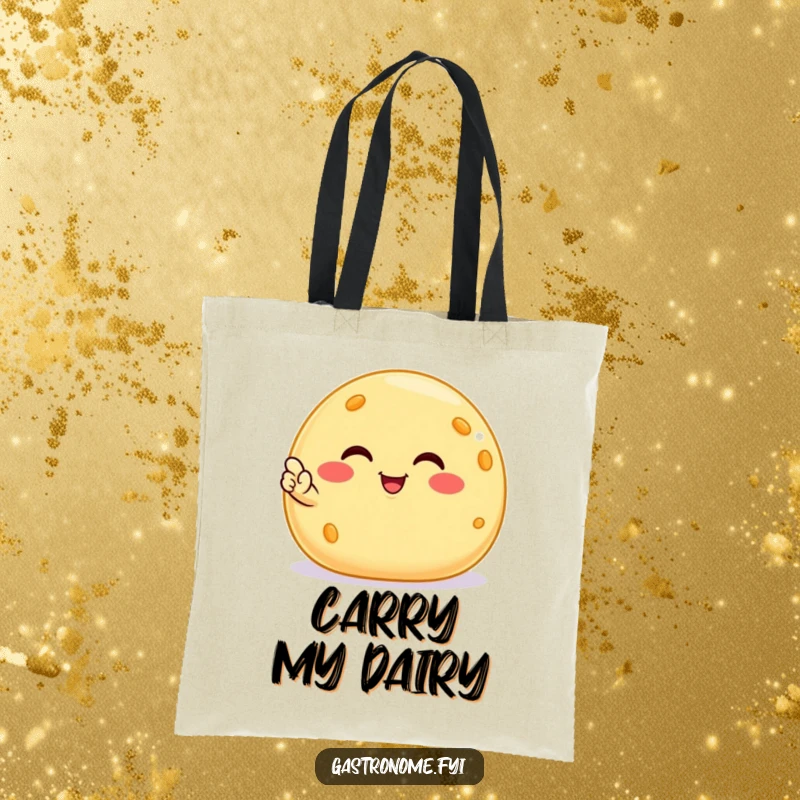 Funny smiling cheese ball tote bag, a satisfied snack character giving a tiny nod, perfect for humorous and stylish carrying.