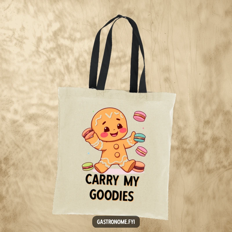 Funny gingerbread man character joyfully juggling miniature macarons, featured on a durable tote bag, perfect for a humorous and sweet gift.