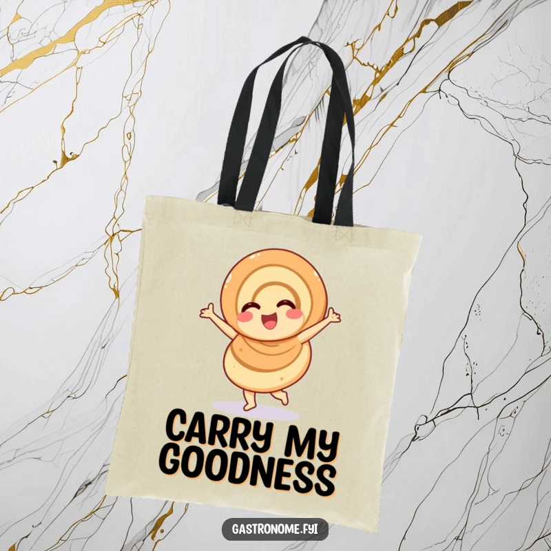 Funny overjoyed cinnamon roll tote bag, a happy pastry character doing a cheerful twirl, perfect for humorous and stylish carrying.