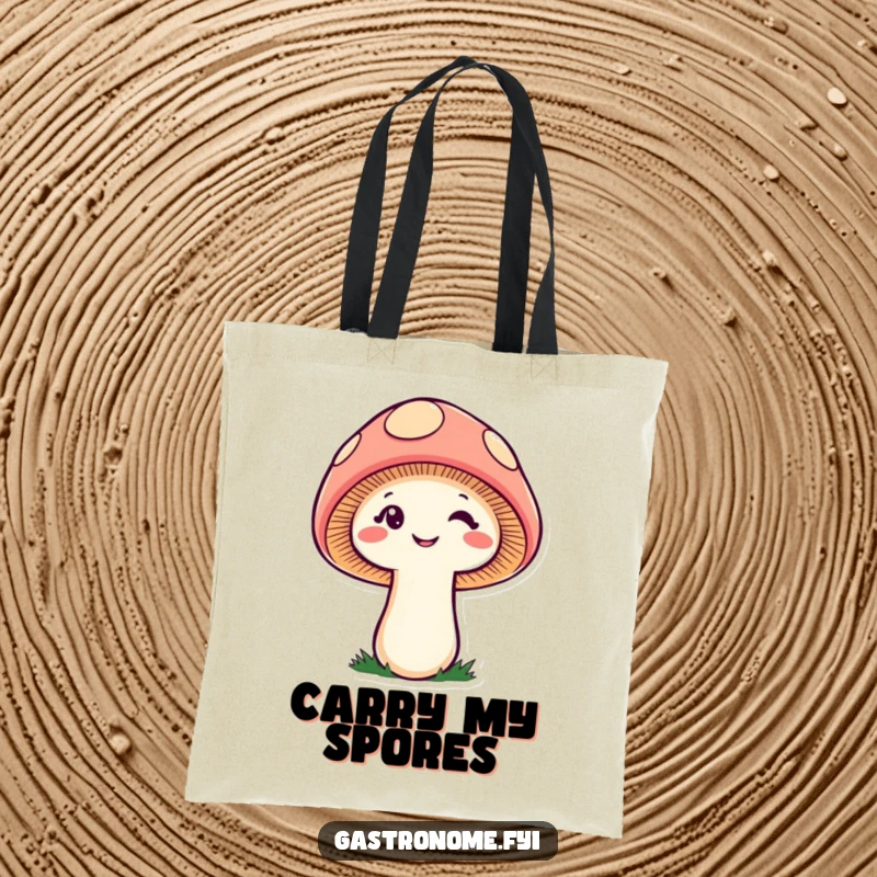 Funny cheeky mushroom tote bag, a smiling, winking fungi character perfect for humorous and stylish carrying.