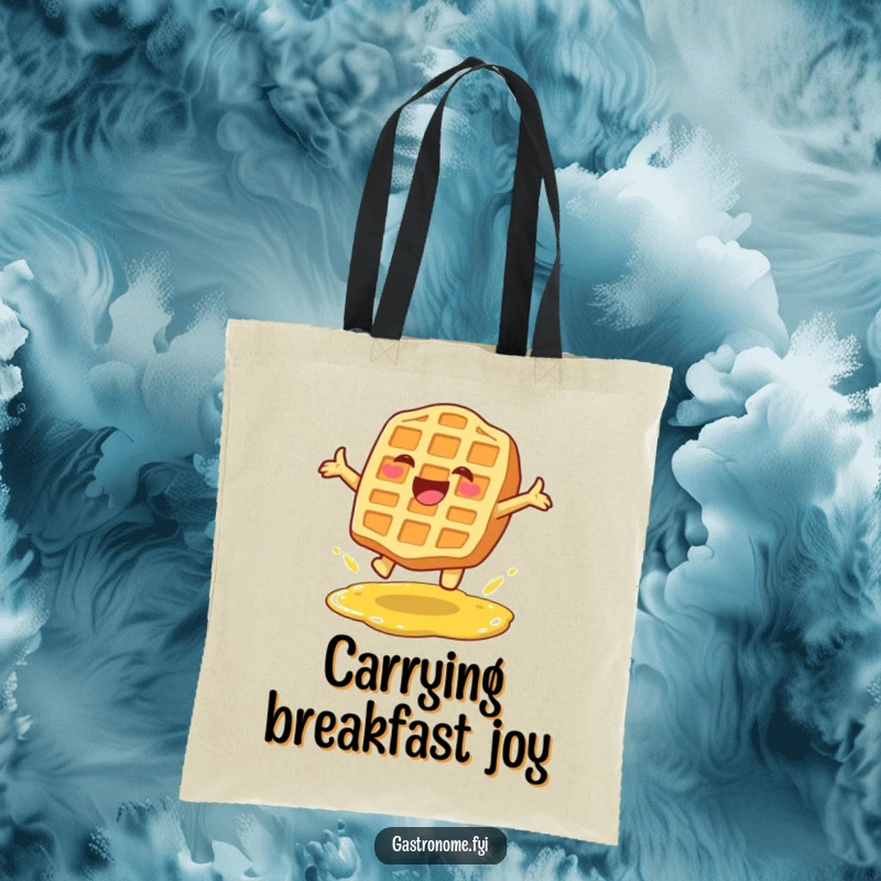 Funny tote bag with a happy waffle character leaping over syrup, practical for shopping and breakfast enthusiasts.