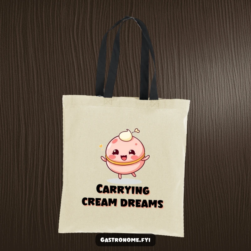 Funny tote bag depicting a giggling, bouncing macaroon character with a cream dollop, perfect for everyday fun.