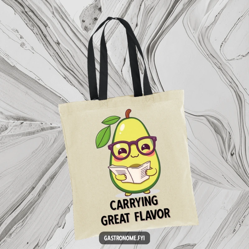 Funny tote bag with a pleased avocado wearing glasses, holding a recipe, ideal for carrying groceries or laughs.