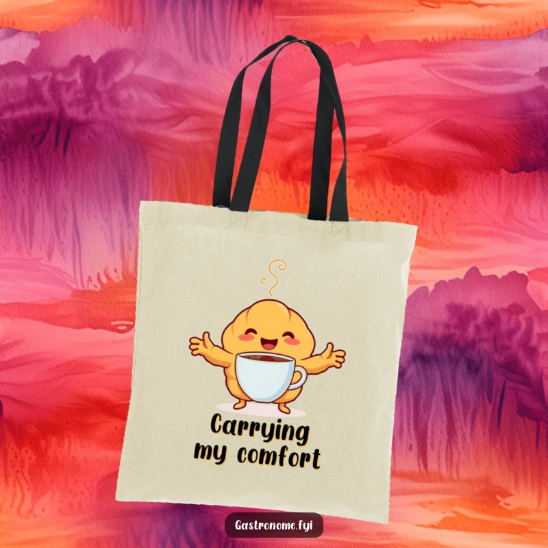 Funny Tote Bag showcasing a happy croissant character embracing a steaming coffee cup. Practical and humorous for everyday use.