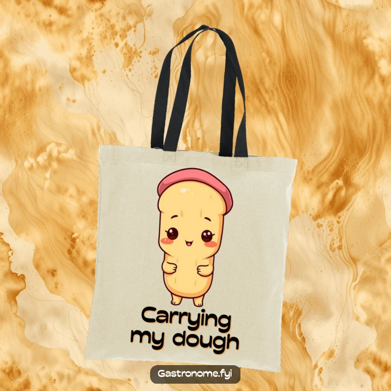 Funny tote bag with a proud baguette character sporting a beret, ideal for carrying groceries or essentials with a sprinkle of wit.