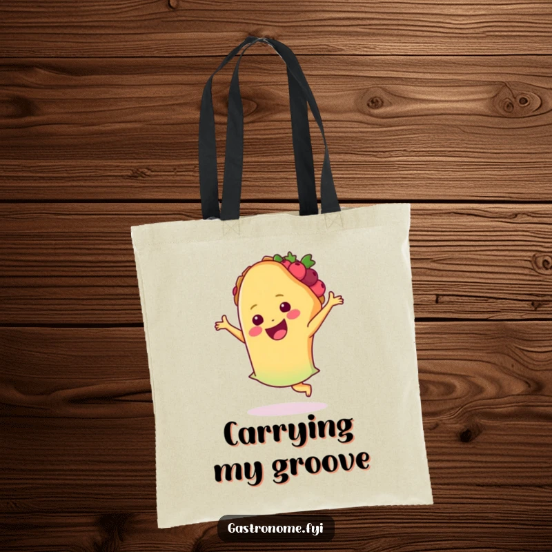 Funny taco tote bag, showing a happy taco performing a joyful salsa dance, a vibrant and humorous accessory for carrying everyday items.