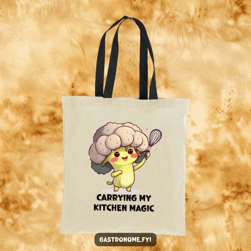 Funny tote bag featuring a happy broccoli character doing a dramatic whisk flourish, perfect for market runs.