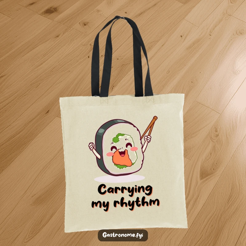 Funny sushi roll tote bag, cheerfully waving chopsticks like tiny batons, a practical and humorous accessory for carrying groceries or daily items.