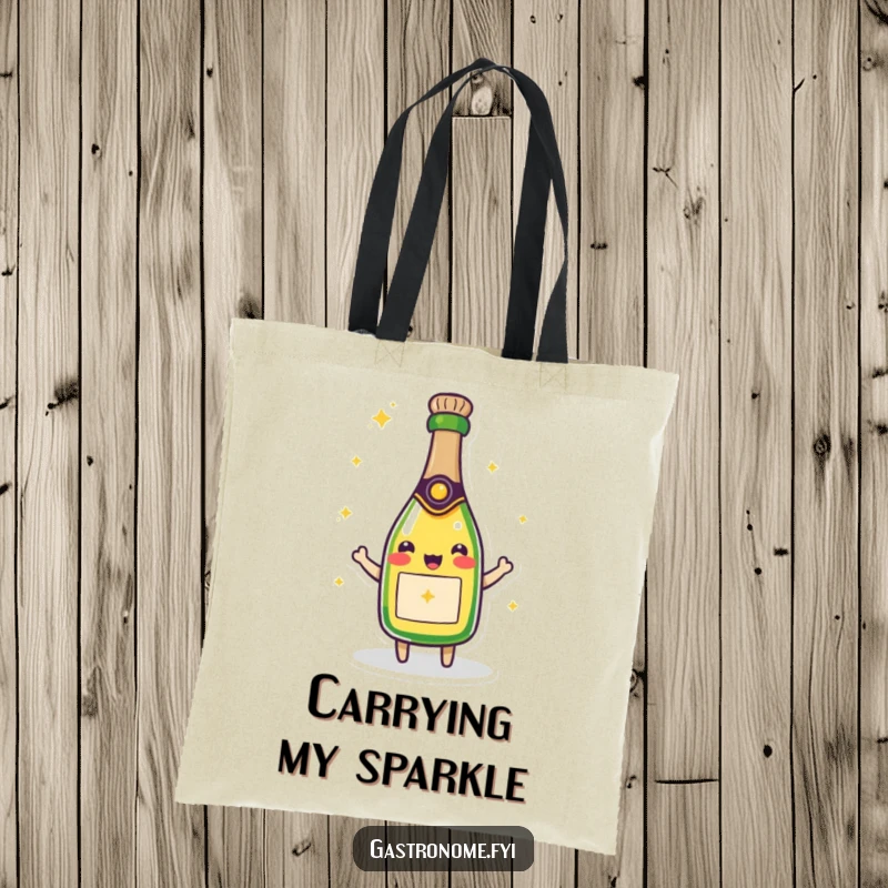 Funny tote bag depicting a beaming champagne bottle character, sparkling with joy and ready to carry your essentials in festive style.