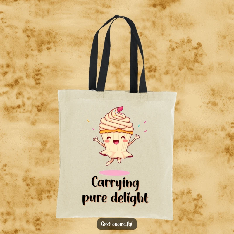 Funny tote bag with a cupcake character doing a pirouette as sprinkles rain down, perfect for carrying sweet essentials.