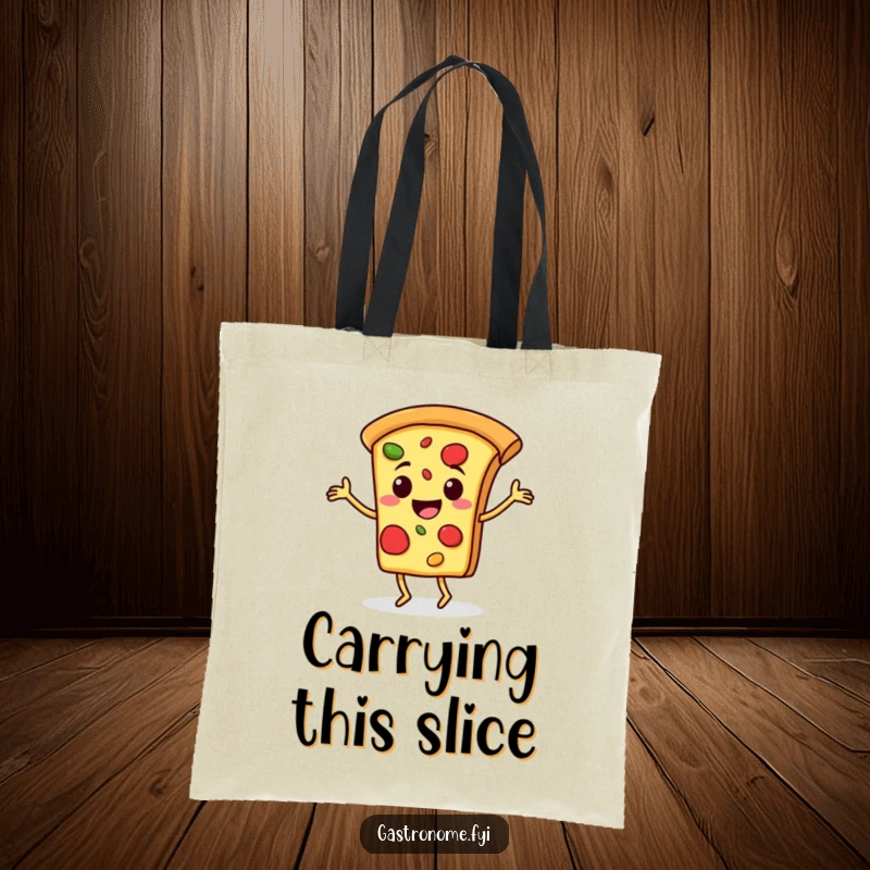 Funny tote bag with a cheerful pizza slice character doing a happy jig, perfect for carrying your groceries or goodies.
