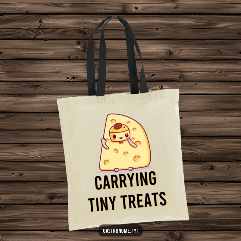 Funny tote bag with a proud cheese wedge character showcasing a small, intricate pastry, perfect for carrying goodies.