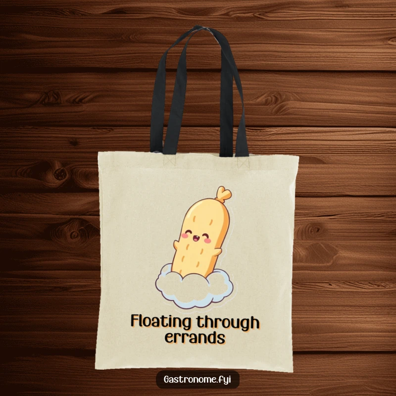 Funny tote bag showcasing a pleased baguette character floating on a steam cloud, great for carrying daily items with a touch of baked joy.