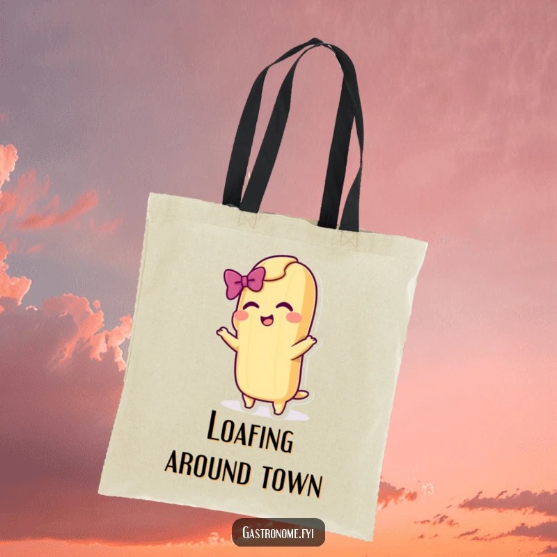 Funny tote bag with a cheerful baguette character taking a dramatic bow with a flourish, perfect for carrying essentials with flair.