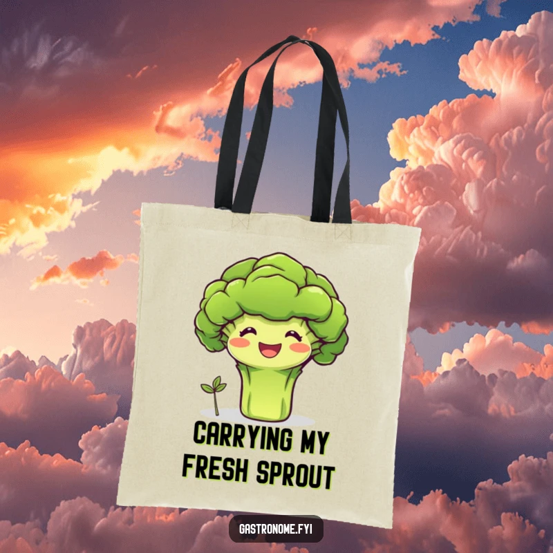 Funny tote bag with a beaming broccoli character proudly presenting a tiny sprout, perfect for carrying essentials with healthy humor.