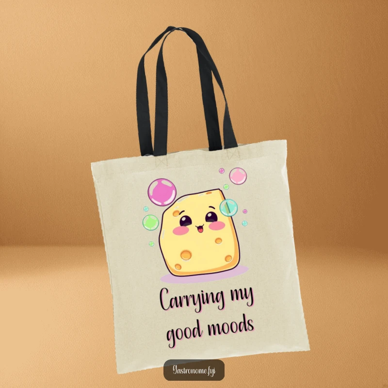Funny cheese wedge character blowing rainbow bubbles, showcased on a durable and humorous tote bag.