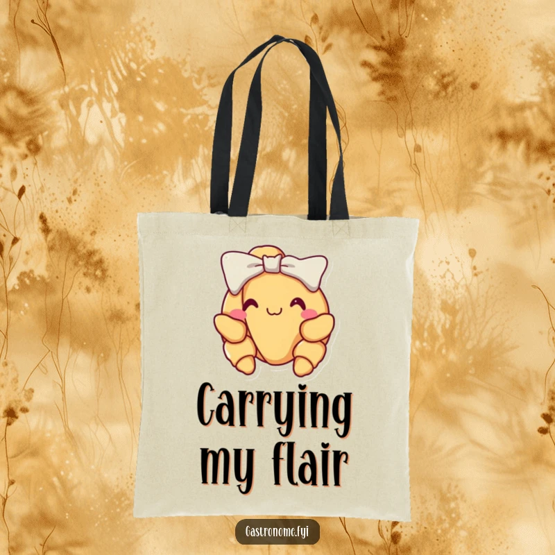 Funny croissant tote bag, depicting a delighted croissant performing a proud little bow, a charming and humorous accessory for daily use.