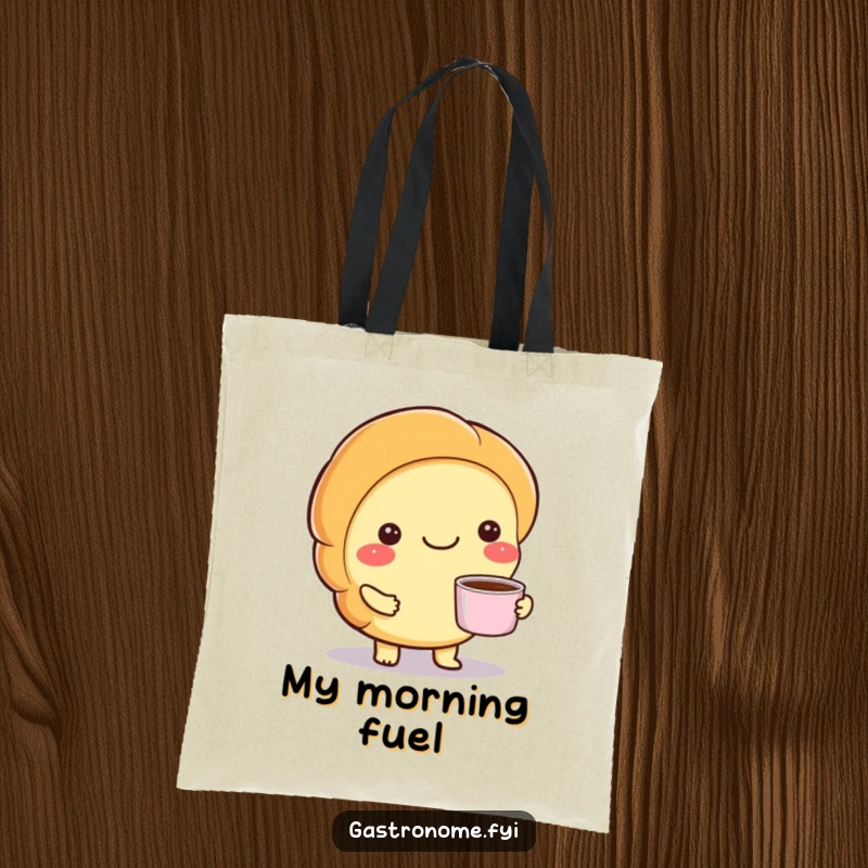 Funny tote bag featuring a smiling croissant character serving a tiny cup of coffee, perfect for market runs or errands.