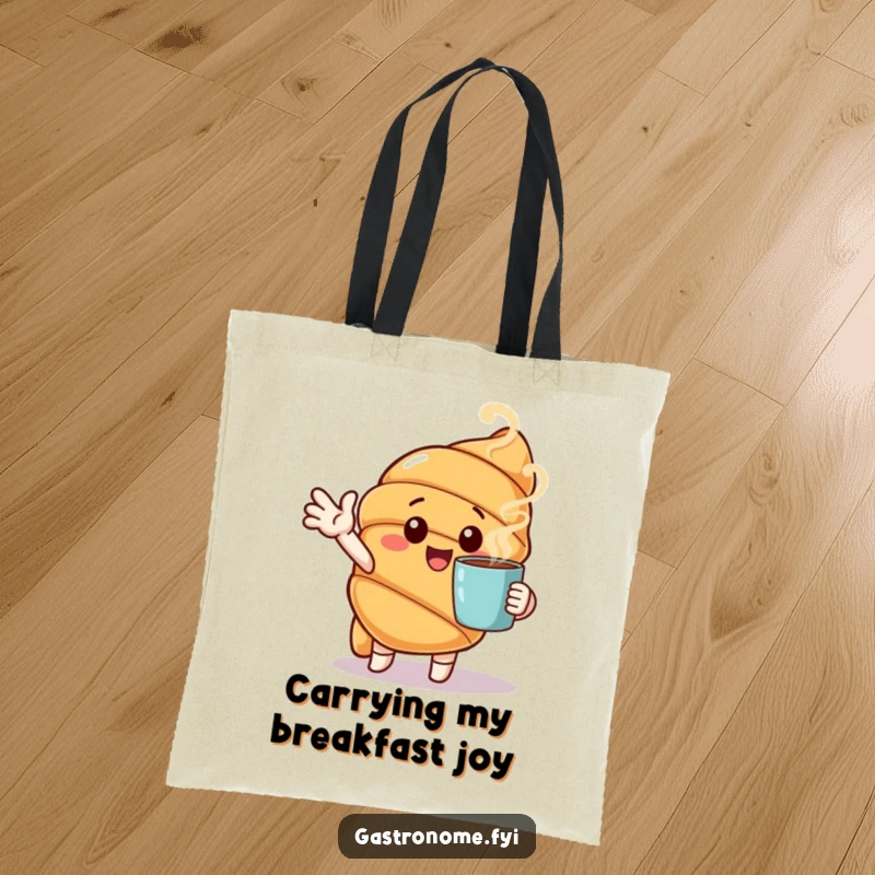 Funny tote bag featuring a cheerful croissant character gesturing towards a steaming cup, perfect for morning outings.