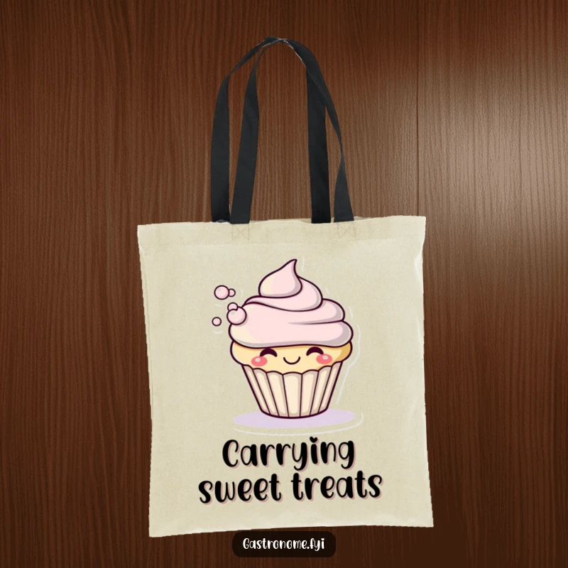 Funny tote bag showcasing a smiling cupcake character dramatically blowing a small puff of frosting, perfect for carrying goodies.