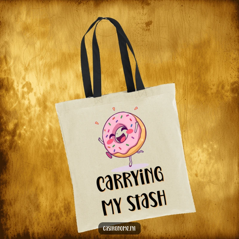 Funny tote bag with a giggling donut character covered in sprinkles, performing a cartwheel, ready for your goodies.