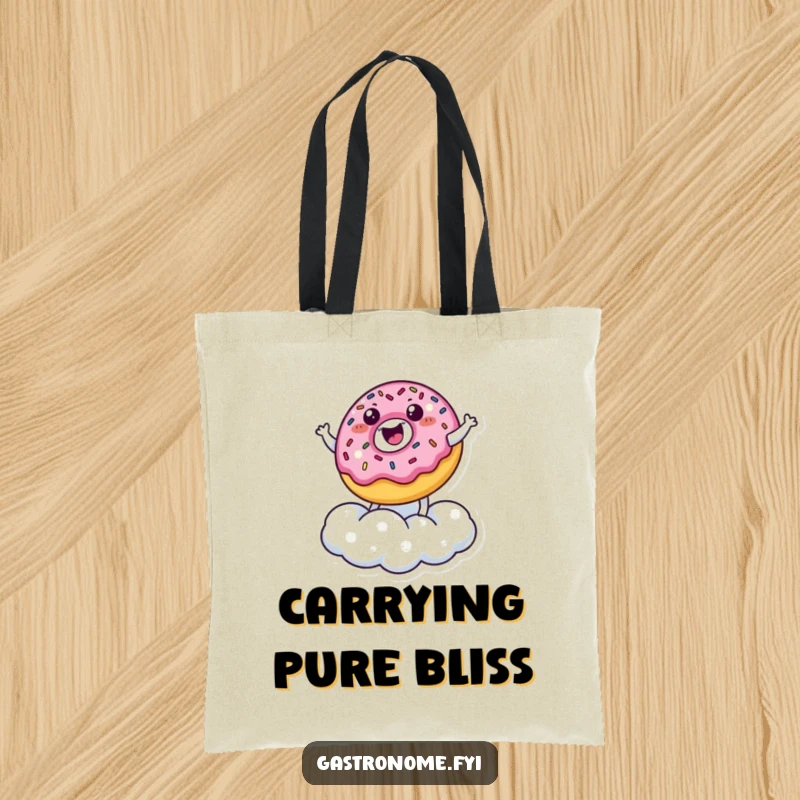 Funny Tote Bag: A happy donut character with sprinkles bounces joyfully on a sugar cloud, perfect for carrying fun items.