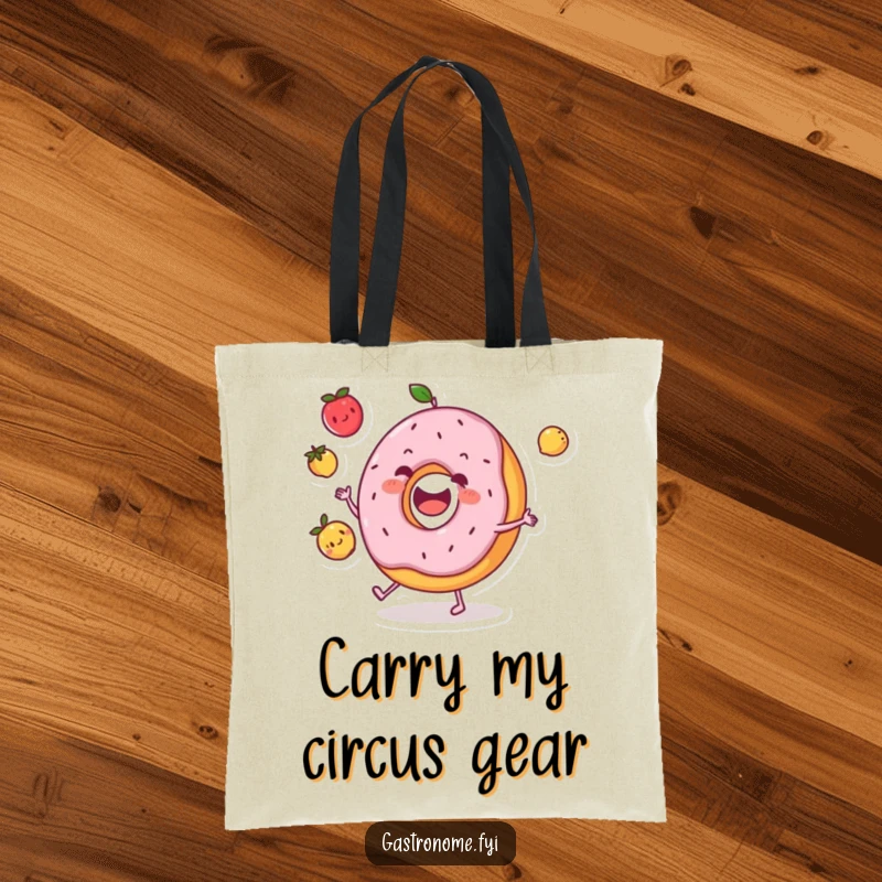 Funny donut character tote bag happily juggling three tiny fruits, perfect for stylishly carrying essentials with a smile.