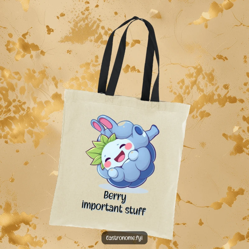 Funny giggling blueberry tote bag, a cheerful fruit character doing a somersault, perfect for humorous and practical carrying.