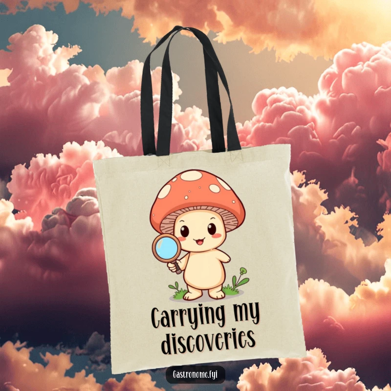 Funny happy mushroom character holding a magnifying glass, showcased on a durable and humorous tote bag.