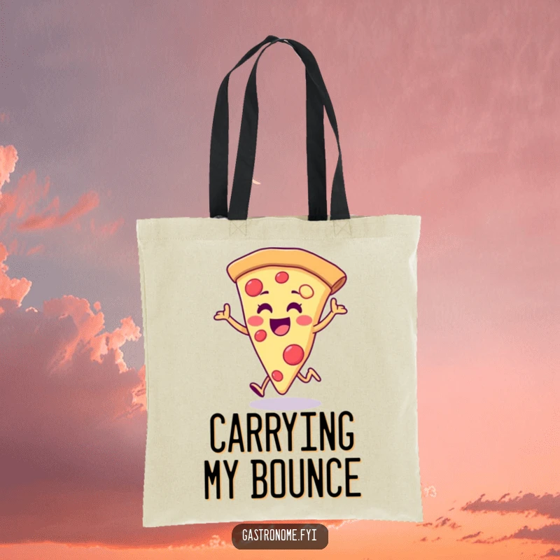Funny pizza slice tote bag, showing a joyful pizza slice performing a happy little hop, a fun and practical accessory.