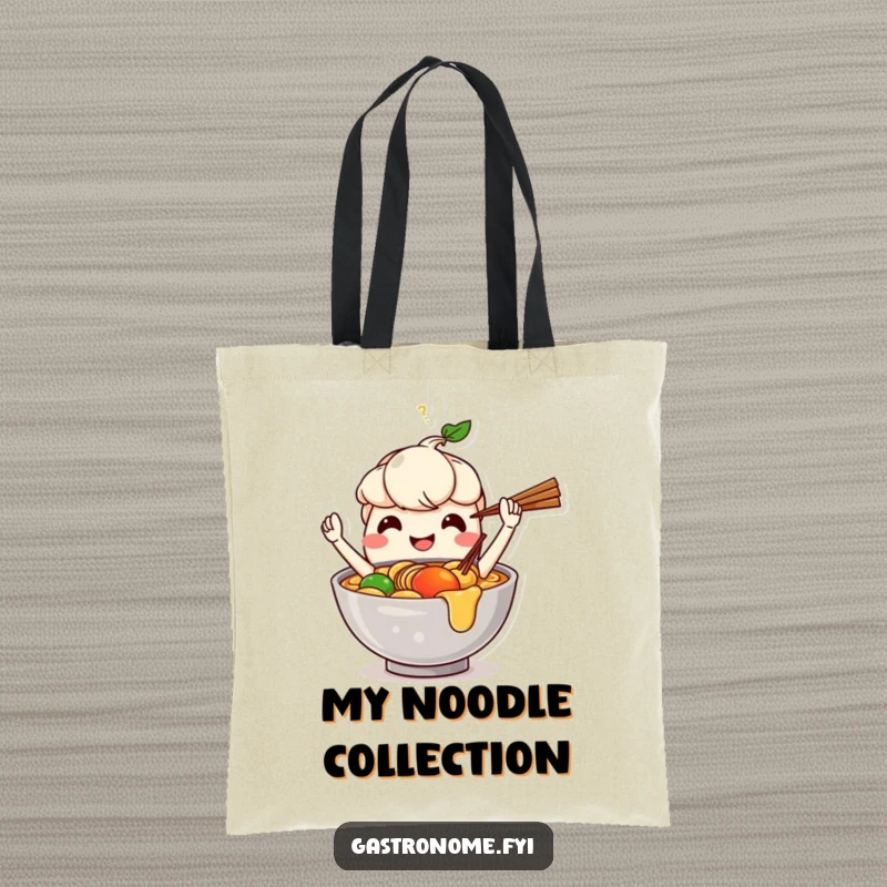 Funny tote bag featuring a happy ramen bowl character juggling chopsticks, practical for shopping and food lovers.