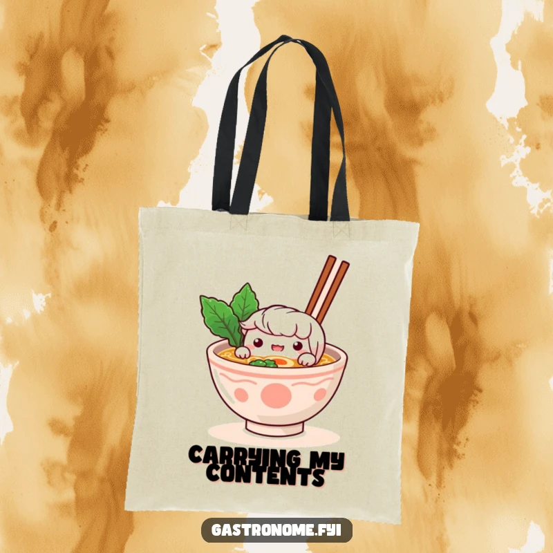 Funny Tote Bag: A curious ramen bowl character peeks over its broth, perfect for carrying essentials with a funny, foodie flair.