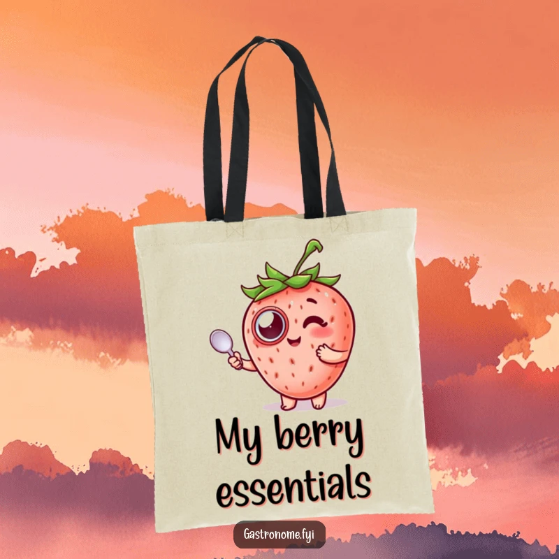Funny Strawberry Tote Bag designed with a strawberry in a monocle holding a spoon, great for shopping.
