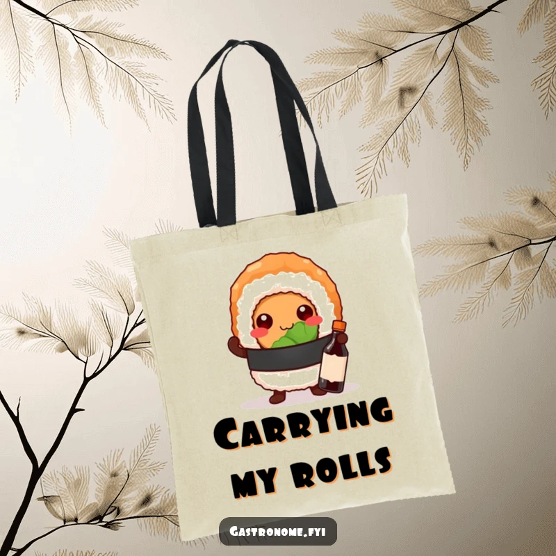 Funny tote bag featuring a proud sushi roll character posing confidently with a small soy sauce bottle, perfect for carrying your items.