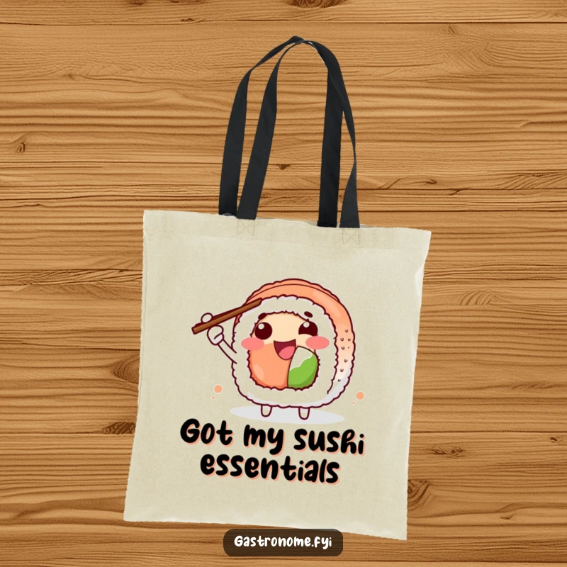 Funny Tote Bag featuring a joyful sushi roll character enthusiastically gesturing with chopsticks. Great for grocery shopping or daily use.