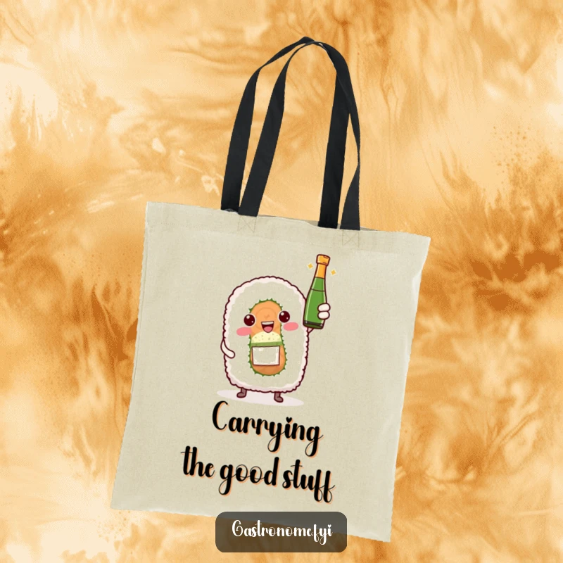 Funny tote bag showcasing a sushi roll character proudly presenting a tiny bottle of sparkling wine, perfect for carrying celebratory essentials.