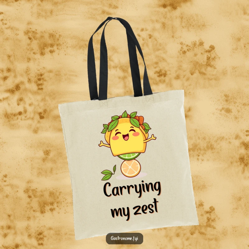Funny thrilled taco character balancing a lime, showcased on a stylish and humorous tote bag for everyday use.