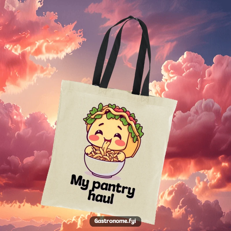 Funny tote bag with a smiling taco character happily slurping tiny pasta, perfect for carrying culinary essentials with humor.