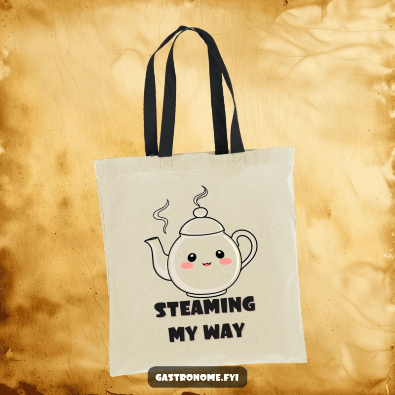 Funny Canvas Tote Bag with a curious teapot character and merry swirling steam, perfect for humorous gifting.