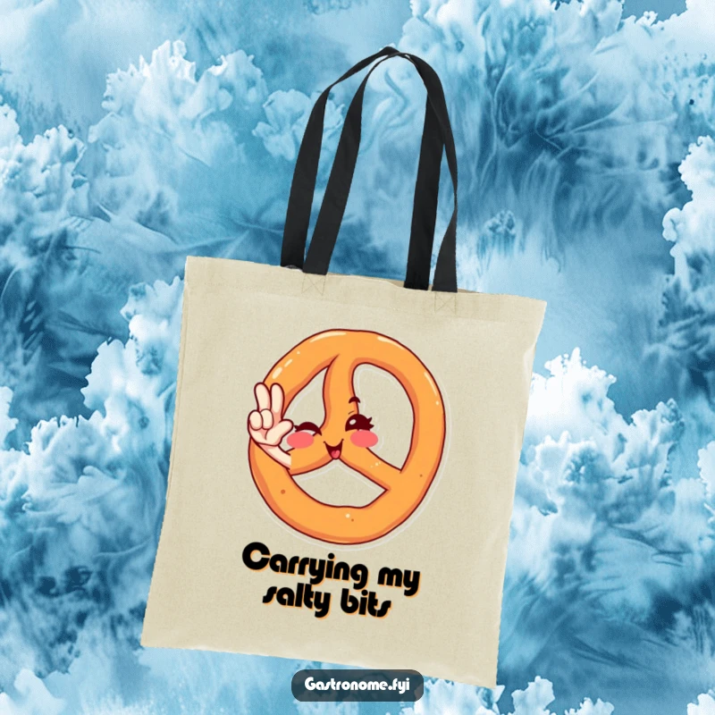 Funny tote bag depicting a winking pretzel character in a dashing salute, ideal for carrying essentials with a dose of comedy.