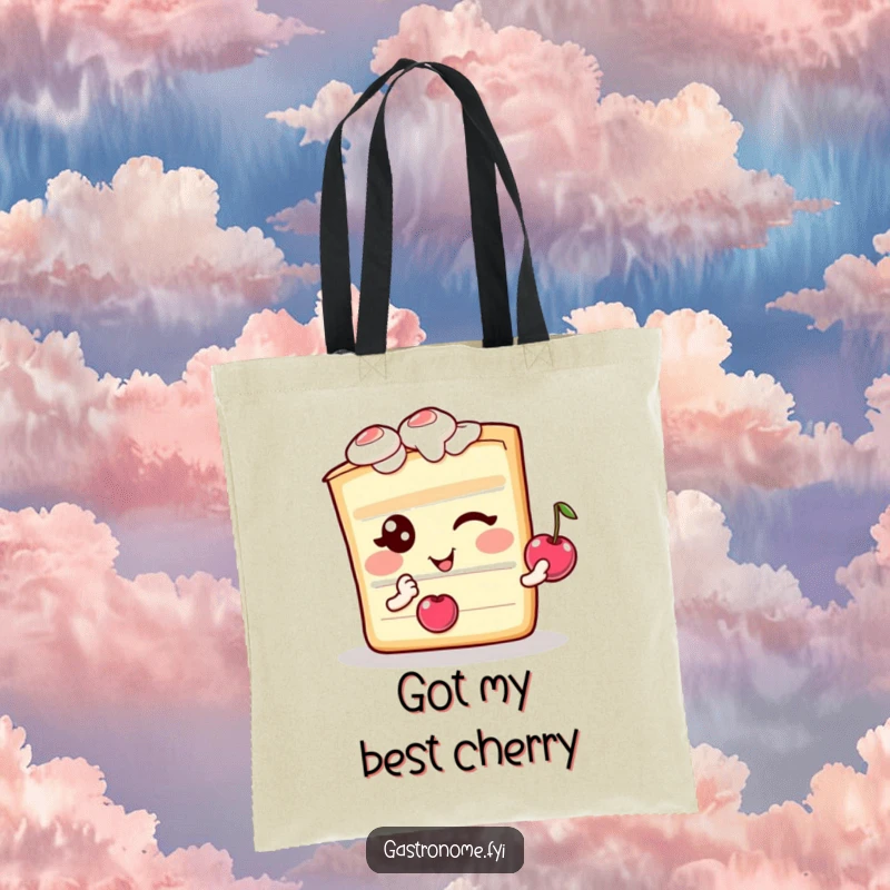 Funny tote bag featuring a winking cake slice character with a cherry, ideal for carrying essentials humorously.