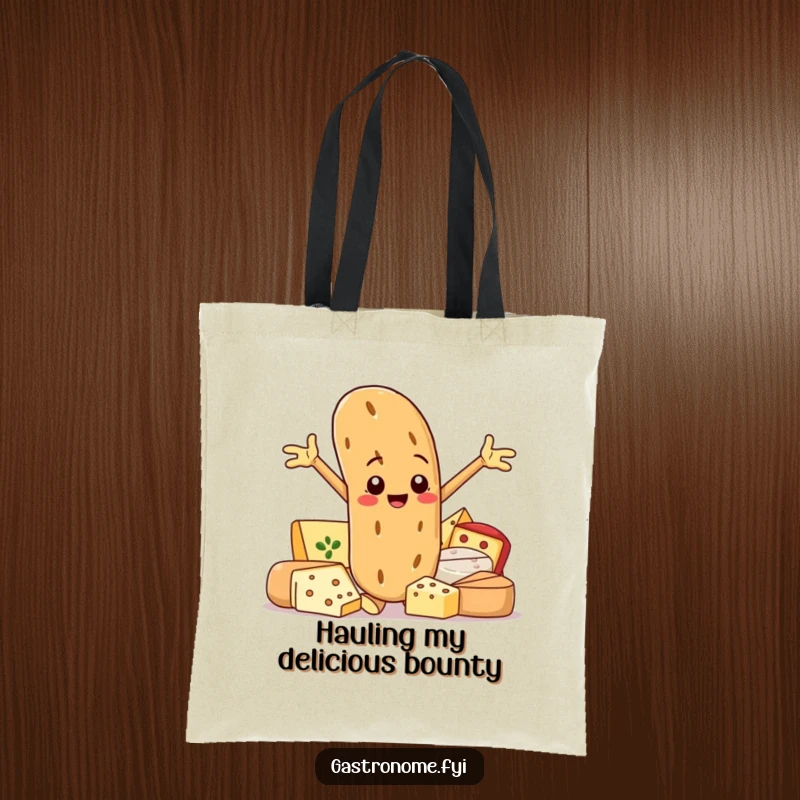 Funny tote bag with a smiling baguette character posing proudly with gourmet cheeses, for carrying essentials with foodie flair.