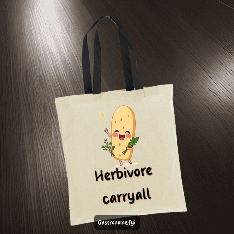 Funny excited baguette tote bag, a cheerful bread character with a herb bouquet, perfect for stylish and humorous shopping trips.