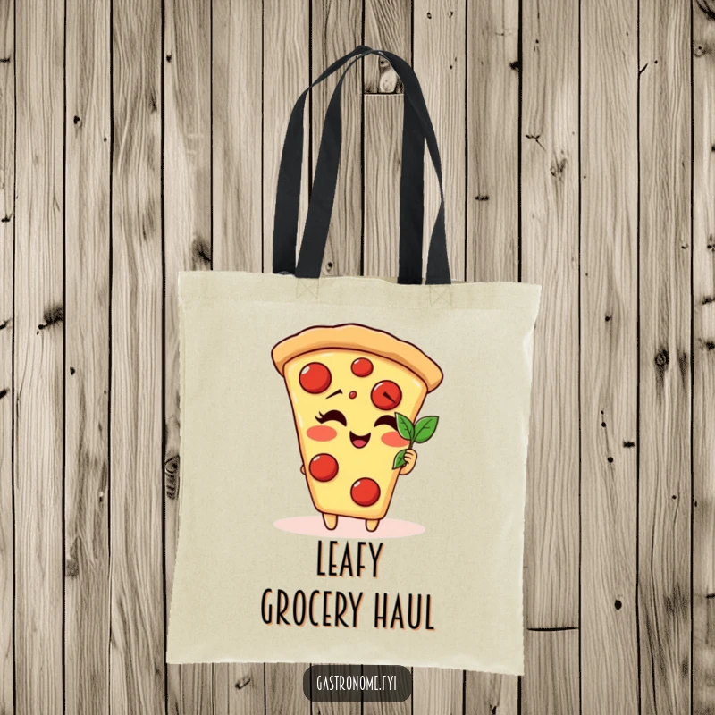 Funny giggling pizza slice character tote bag admiring a tiny basil leaf, ideal for stylishly carrying belongings with a smile.
