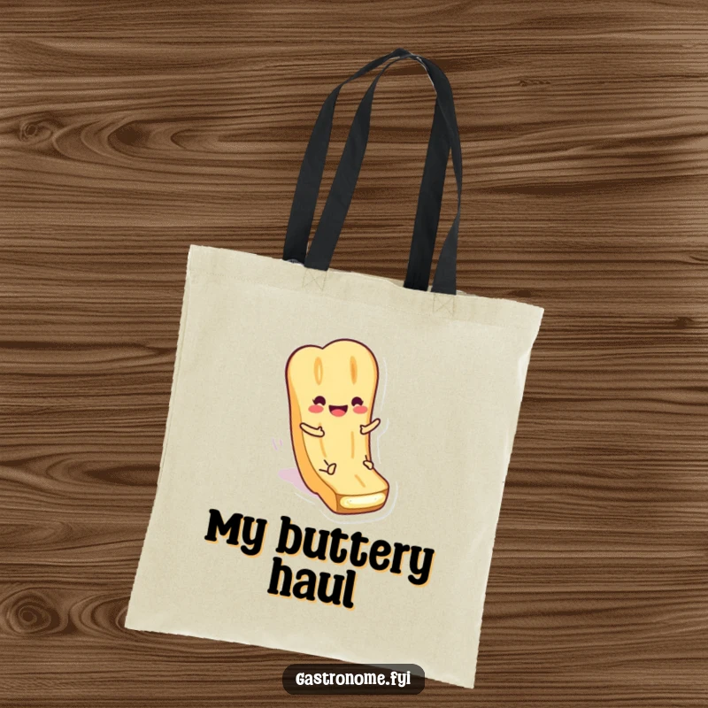 Funny Tote Bag showcasing a smiling baguette character sliding down butter. Practical and humorous for everyday use.