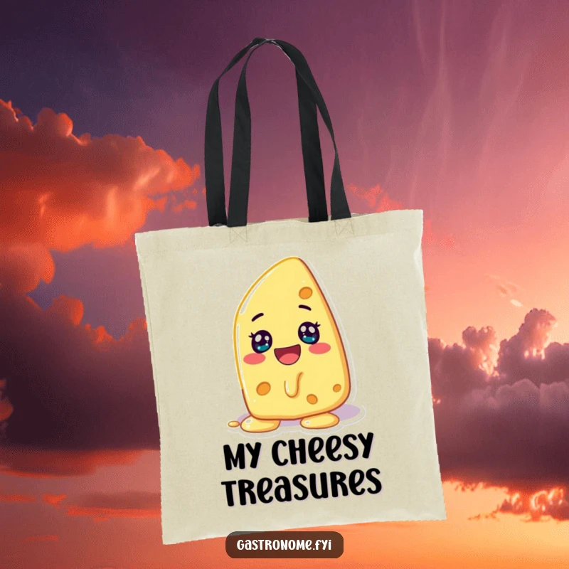 Funny tote bag with a happy cheese character melting, practical for shopping and cheese enthusiasts.