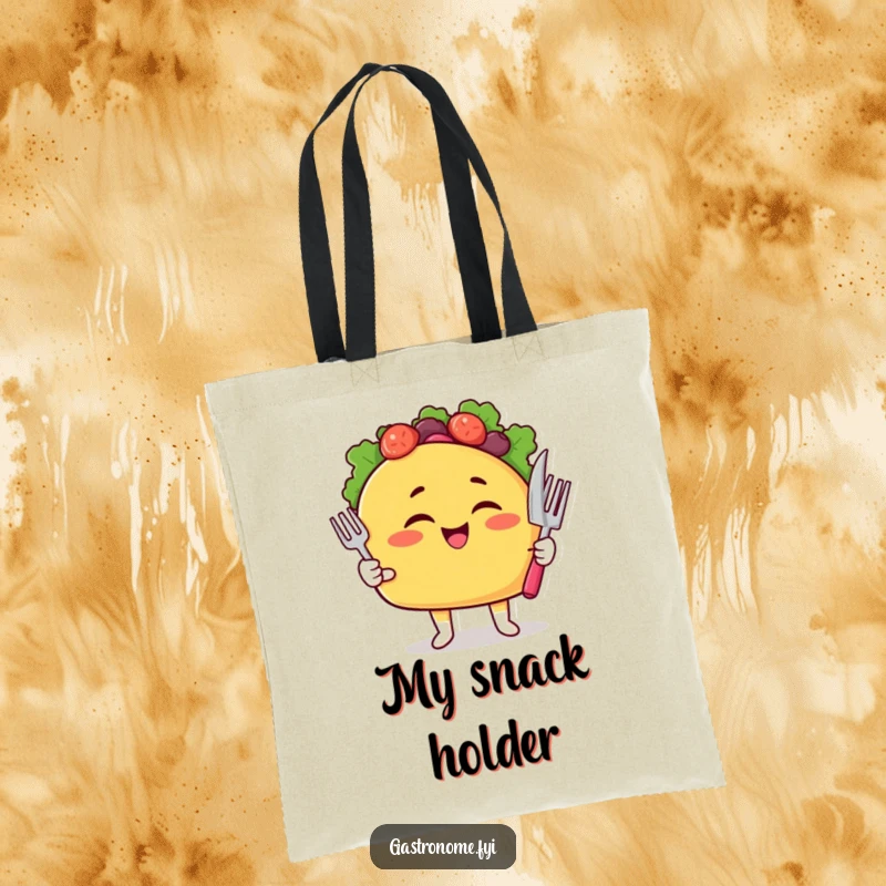 Funny Taco Tote Bag designed with a winking taco character holding cutlery, perfect for shopping.