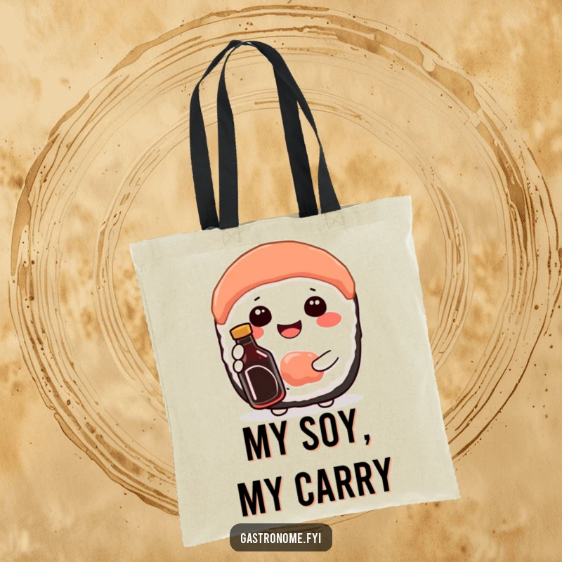 Funny tote bag illustration of a happy sushi character holding a miniature soy sauce bottle, great for sushi lovers.