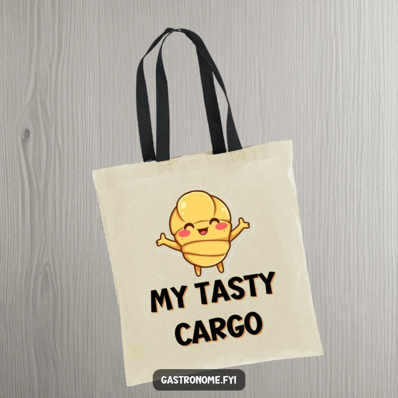 Funny Croissant Tote Bag designed with a smiling croissant character with open arms, perfect for shopping.