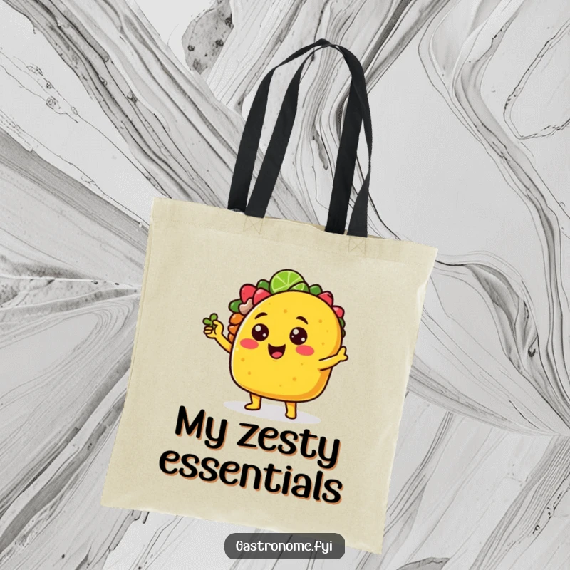 Funny cheerful taco character tote bag striking a sassy pose with a tiny lime wedge, ideal for stylishly carrying items.
